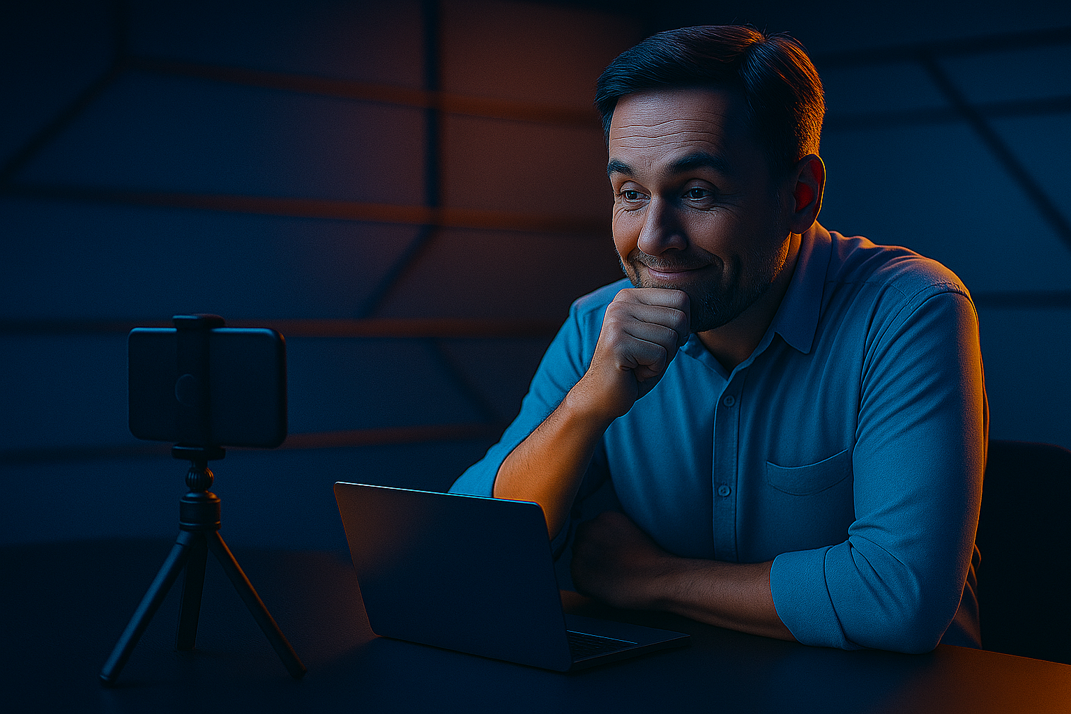 Entrepreneur assis dans un bureau sombre et moderne, réfléchissant devant un ordinateur portable, symbolisant l'hésitation à créer des vidéos courtes pour le marketing